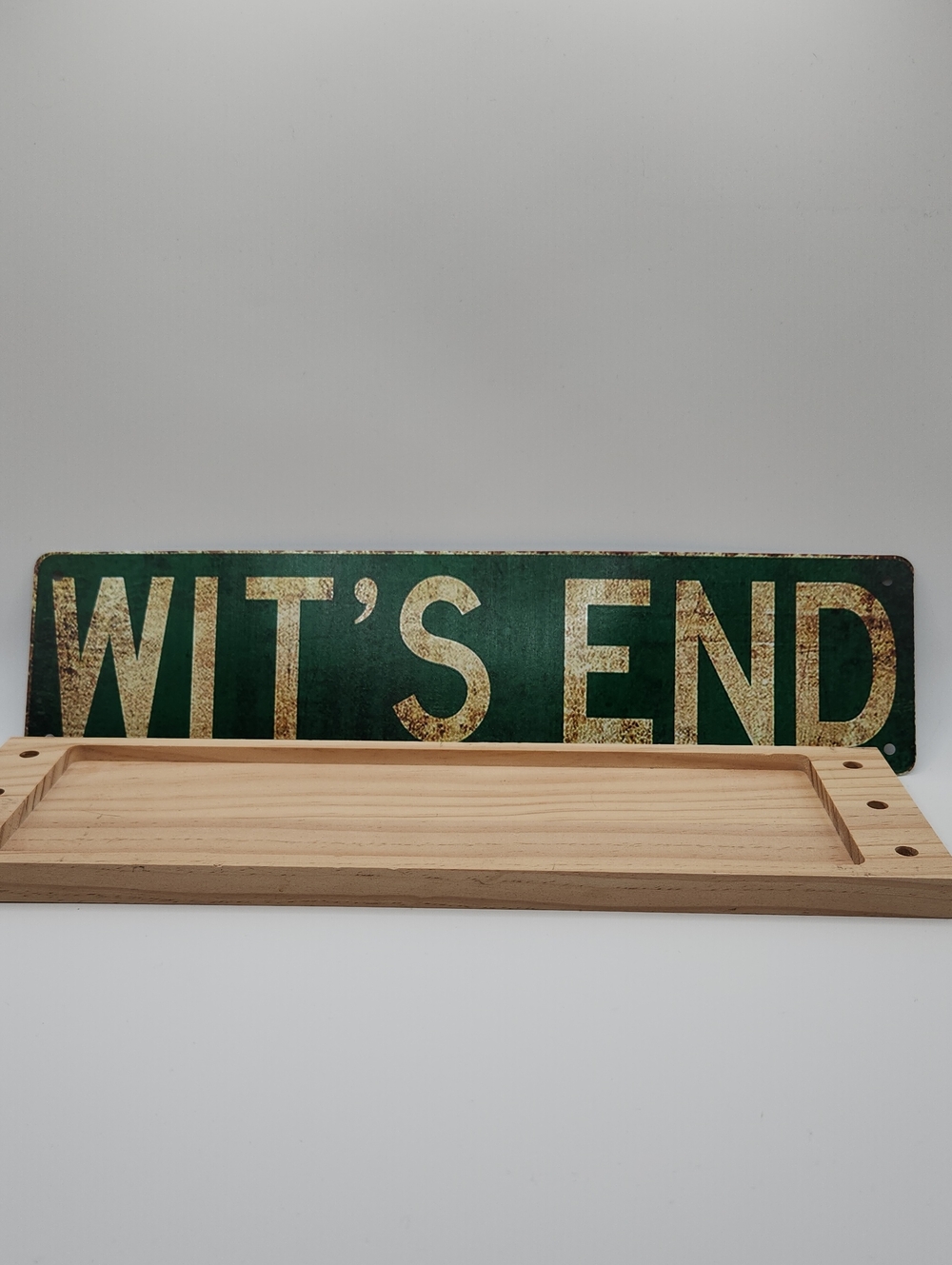 Vintage Colored Green 'WIT'S END' Rustic Metal Sign - 16" x 4"